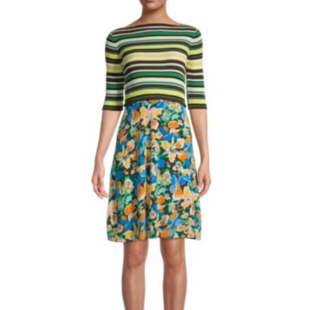 Missoni Striped Top Floral Mini Dress in Green, Yellow, Blue